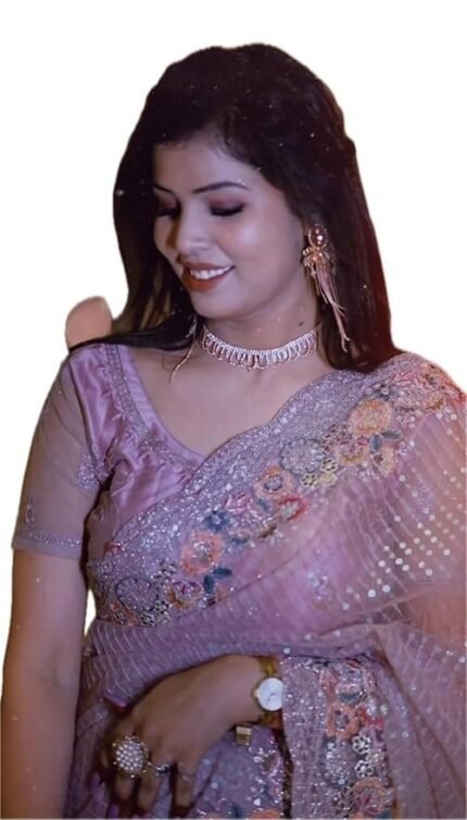 Women's Voilet Pink Sequenced Jimmi Chu Silk Saree With Blouse Piece Material