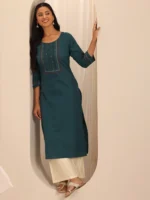 Teal Printed Cotton Blend Straight Kurta